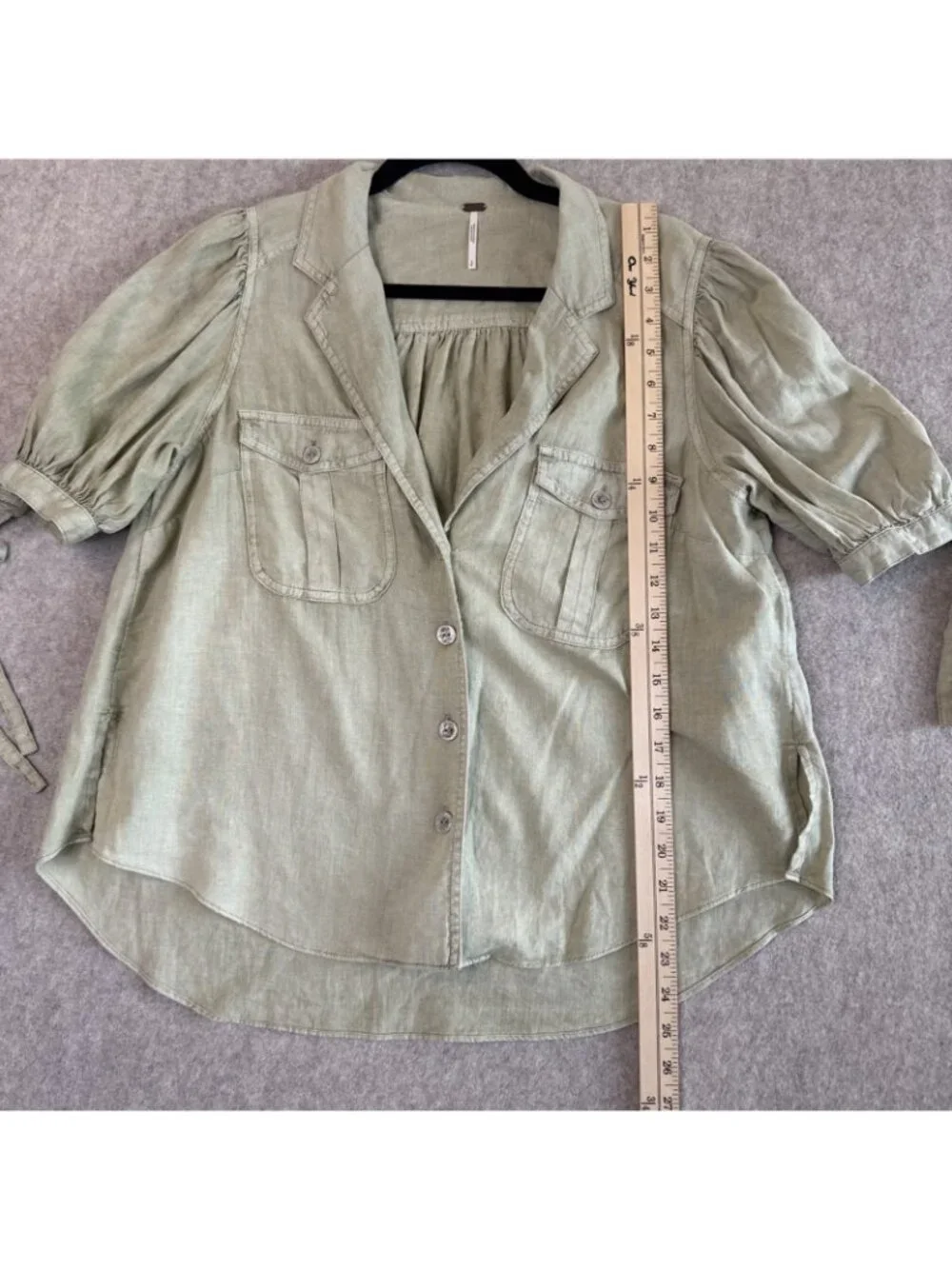 Free People Linen Top Womens S Sage Green Puff Sleeve Button Down Whimsical